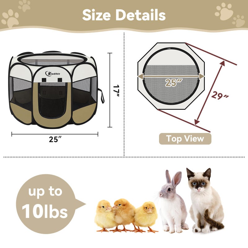 Siedihit Dog Cat Playpen, Small Puppy Pet Playpen, Dog Crate Tent Cage Indoor/Outdoor, Portable Pop Up Dogs Kennel Playpen with Carrying Case for Dogs/Cats/Rabbits(Khaki, Small) - Image 3