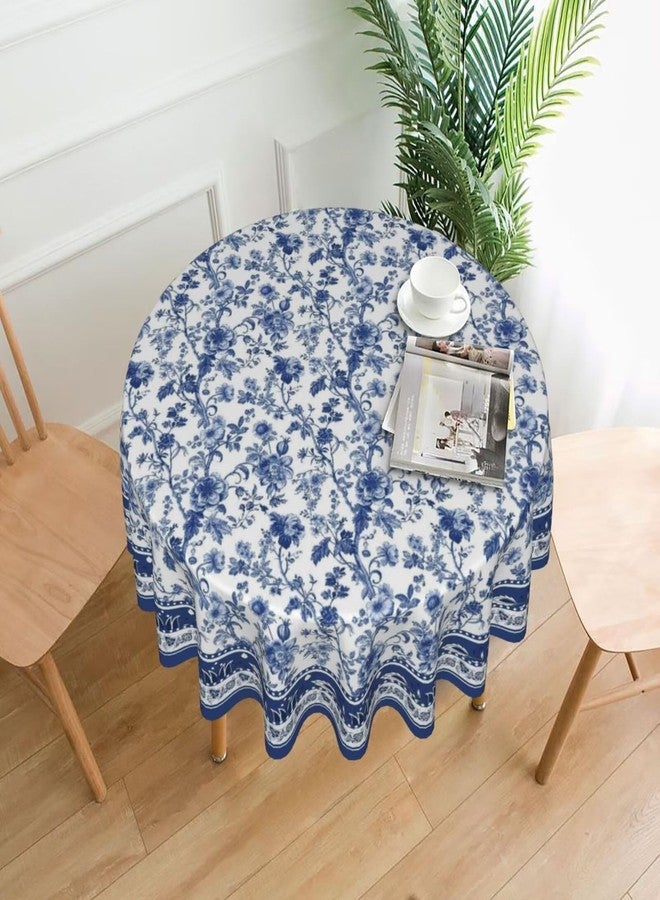 Sorktse Blue Floral Tablecloth Round 70 Inch Vintage Blue and White Floral Table Cloth Polyester Fabric Boho Style Flowers Table Cover for Home Holiday Party Dining Picnic Outdoor Decor - Image 2