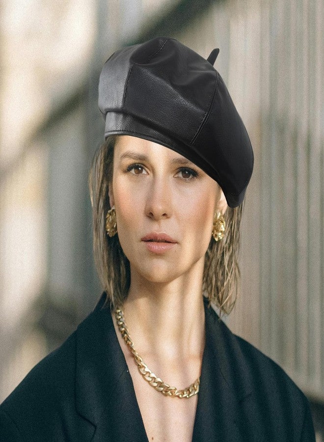 ZARSIO Women PU Leather French Beret Hat, 8-Panel Classic Artist Cap Causal Beanie Black - Image 4