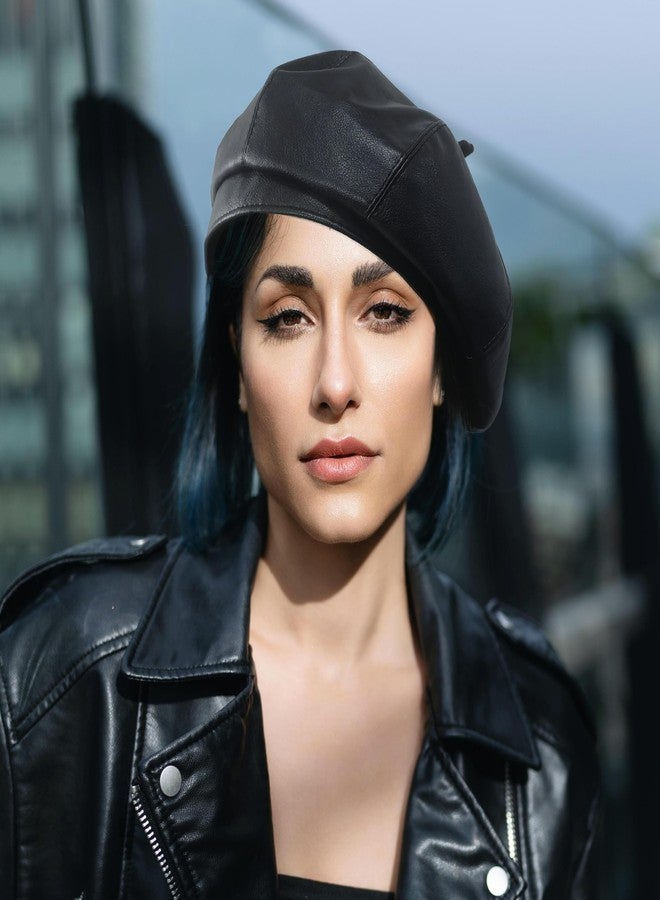 ZARSIO Women PU Leather French Beret Hat, 8-Panel Classic Artist Cap Causal Beanie Black - Image 2