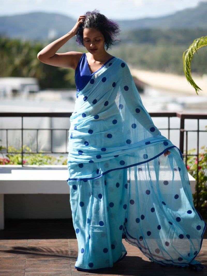 Sidhidata Women's Sky Blue Polka Dot Printed Cotton Linen Saree with Unstitched Blouse Piece - Image 2