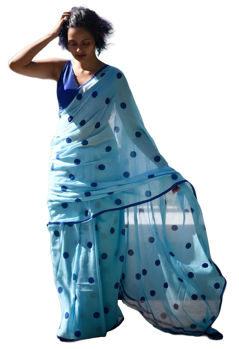 Sidhidata Women's Sky Blue Polka Dot Printed Cotton Linen Saree with Unstitched Blouse Piece - Image 1