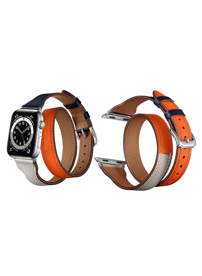 NIBEMINENT Double Tour Leather Replacement Band For Apple Watch Series 6/SE/5/4/3/2/1 Orange Indigo Blue