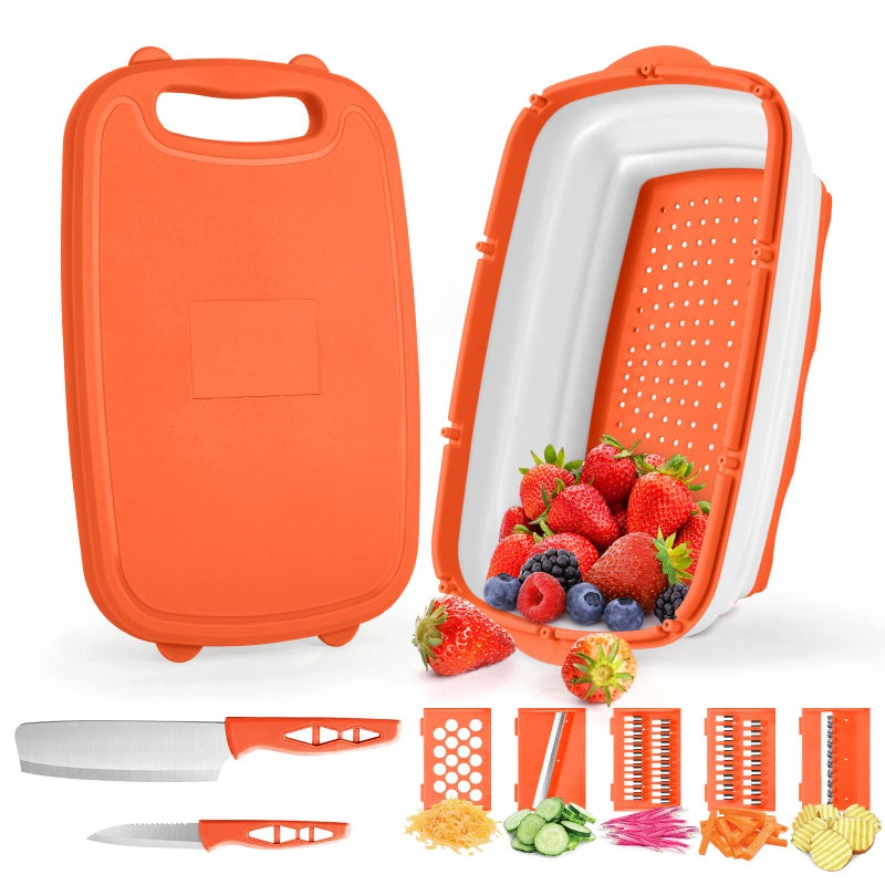 Gintan Camping Cutting Board 9in1 Collapsible Chopping Board with Colander Kitchen Vegetable Washing Basket for Camping Camping Gifts Camping Accessories for RV Campers orange