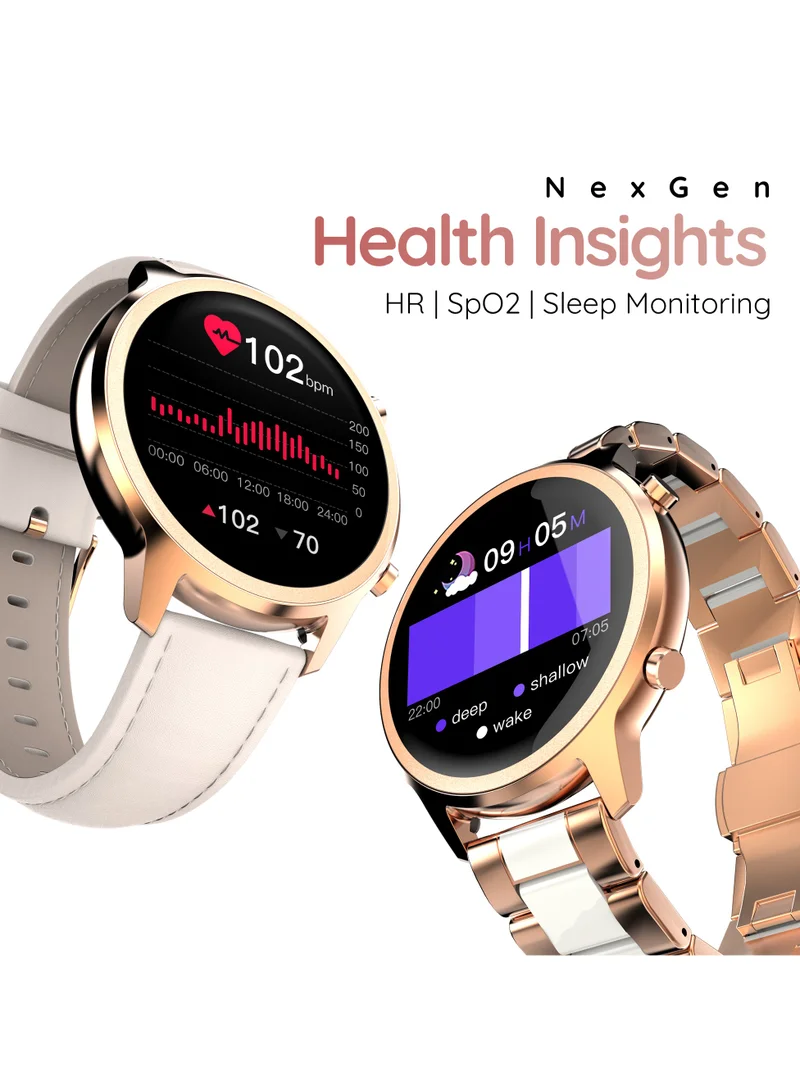 Pebble Celia 1.32" IPS Display Smartwatch with BT Calling, Female Health monitor, Compatible with Android & iOS, 24/7 health suite, Alarm, Multi sports modes & Watch Faces, AI Voice Assistance - Metal Gold