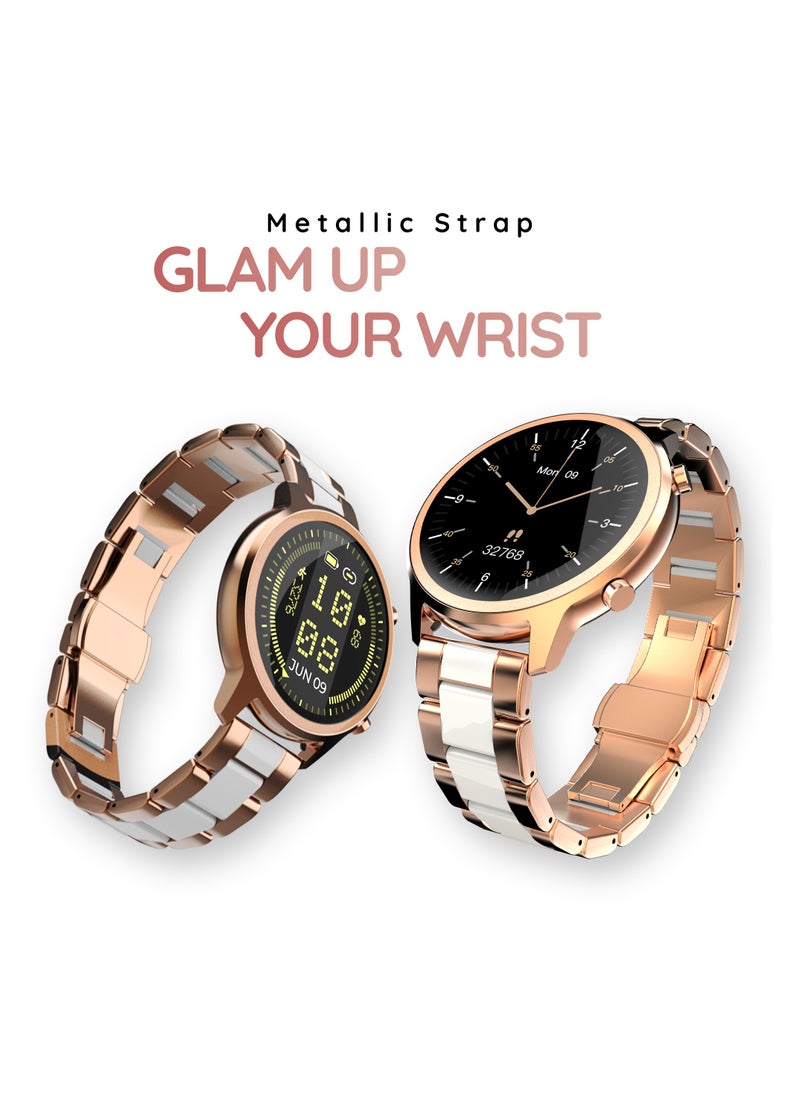 Pebble - Celia 1.32" IPS Display Smartwatch with BT Calling, Female Health monitor, Compatible with Android & iOS, 24/7 health suite, Alarm, Multi sports modes & Watch Faces, AI Voice Assistance - Metal Gold - Image 1