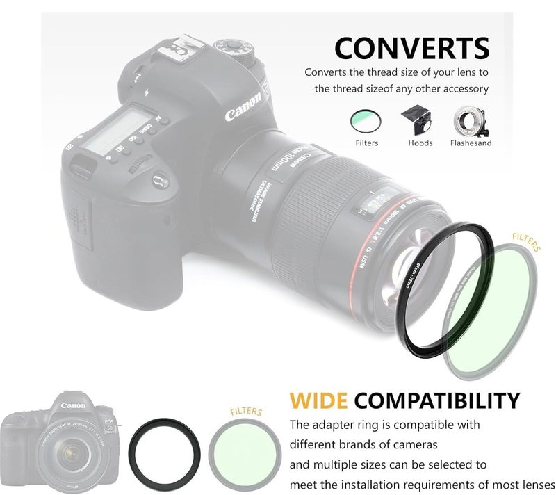 SHOPEE 52mm to 72mm Step-up Adapter Rings Filter Adapter Black Metal Step Down Filter Ring Adapter Compatible with All Brand UV CPL ND Camera Lens Filter Stepping Rings (52mm-72mm) - Image 3