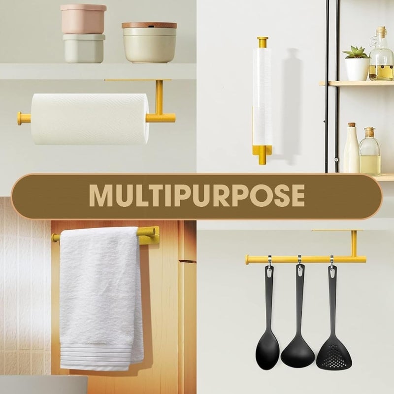 Khazna Paper Towel Holder, Adhesive or Wall Mount Stand Rack Under Cabinet Paper Roll Holders Paper Towel, Towels, Plastic Wrap for Kitchen Bathroom Hanging Paper Towel Rack (Gold) - Image 3