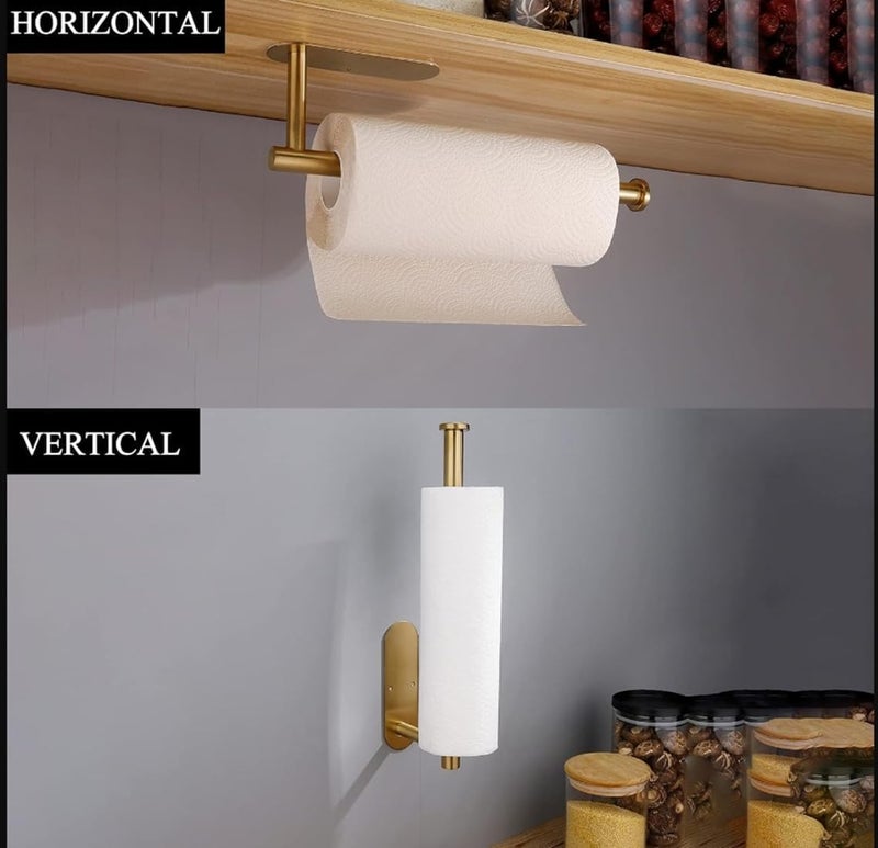 Khazna Paper Towel Holder, Adhesive or Wall Mount Stand Rack Under Cabinet Paper Roll Holders Paper Towel, Towels, Plastic Wrap for Kitchen Bathroom Hanging Paper Towel Rack (Gold) - Image 4