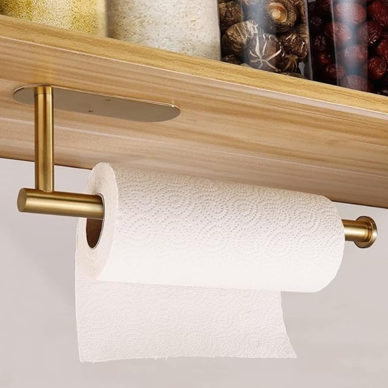 Khazna Paper Towel Holder, Adhesive or Wall Mount Stand Rack Under Cabinet Paper Roll Holders Paper Towel, Towels, Plastic Wrap for Kitchen Bathroom Hanging Paper Towel Rack (Gold) - Image 2