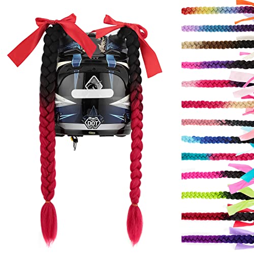 SEGO 2 Pcs Helmet Pigtail Braids with Detachable Suction Cup with Bowknot Ponytails Hair for Women/Men 20 Inch 2 PCS/Pack (Helmet not Included)-Black to Red - Image 1