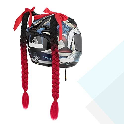 SEGO 2 Pcs Helmet Pigtail Braids with Detachable Suction Cup with Bowknot Ponytails Hair for Women/Men 20 Inch 2 PCS/Pack (Helmet not Included)-Black to Red - Image 4