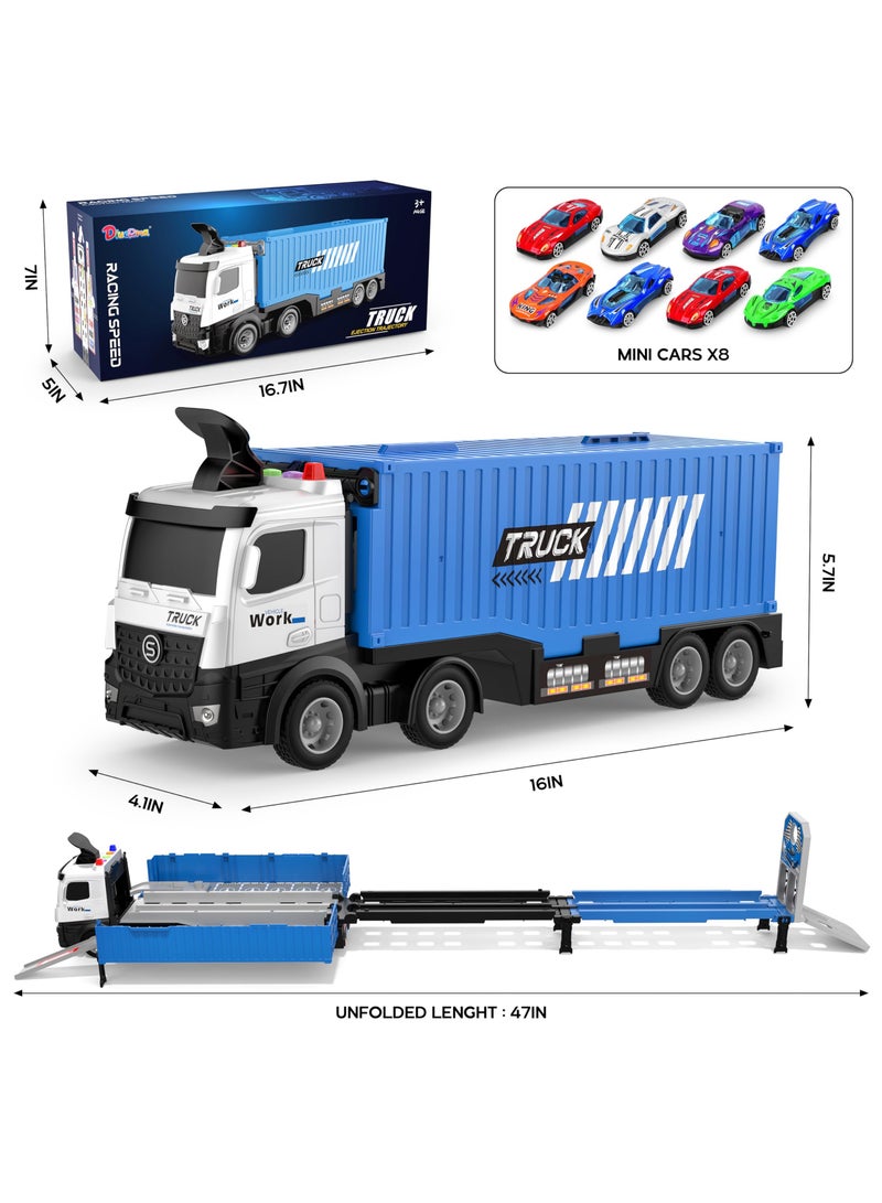 Car Race Track Toy Playset Foldable 3 Layer Truck Transport Car Carrier with 8 Race Cars Gifts for Age 3 4 5 6+ Years Old Boys Girls（Blue）  - Image 2