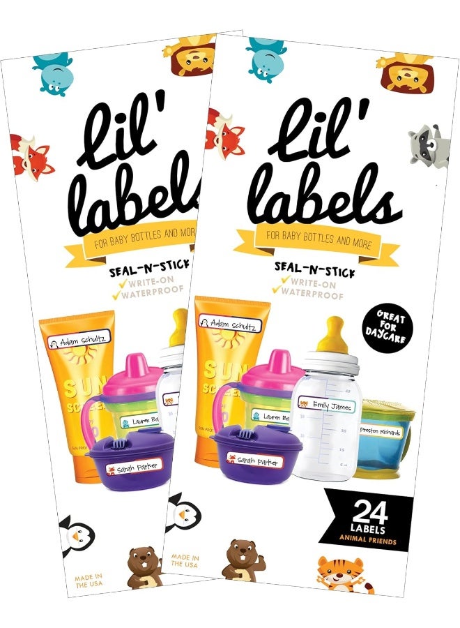 Lil' Labels Bottle Labels, Write-On Name, Self-Laminating, Waterproof, Baby Bottle Label for Daycare, Made in The USA (Animal Friends Set of 2) - Image 1