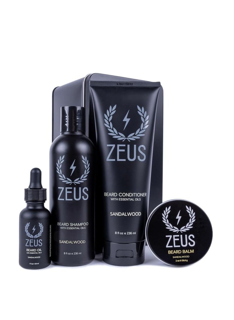 زيوس مجموعة اللحية اليومية مع صندوق هدايا من القصدير لغسل اللحية والشامبو والبلسم وزيت اللحية الطبيعي وبلسم اللحية وصندوق القصدير من خشب الصندل - Image 1