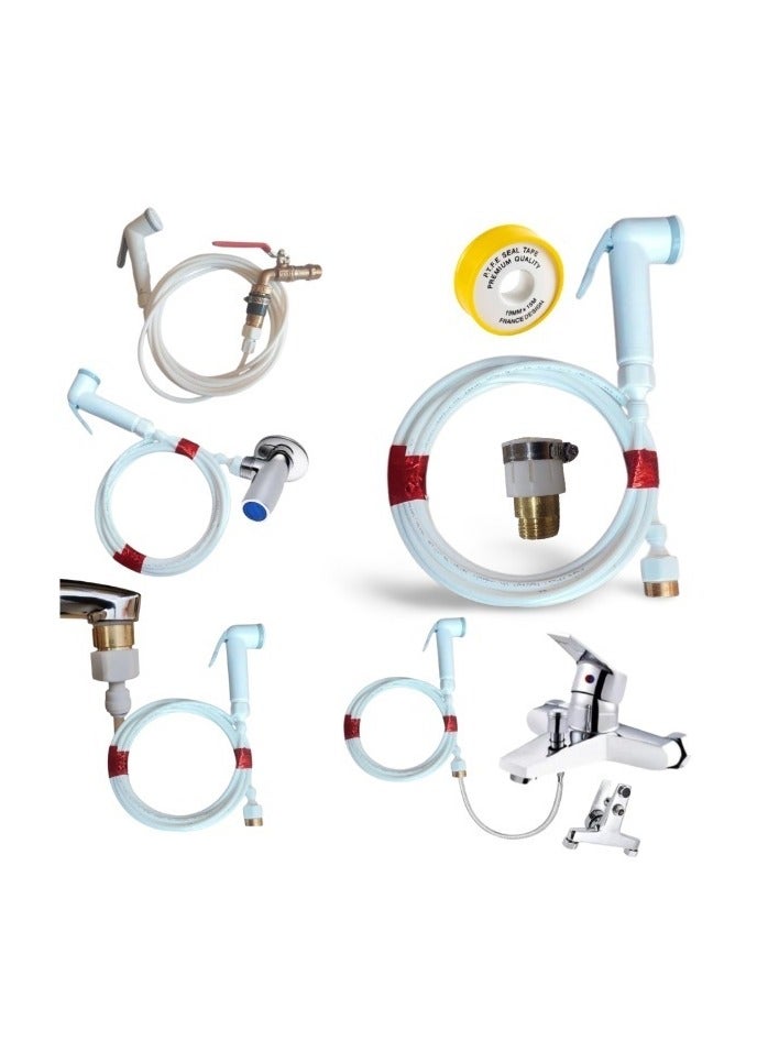 Shattaf set consisting of a corner valve, a 1.5 meter hose, and a 2 meter 6 mm bidet with a brass and Teflon adapter nut. - Image 2