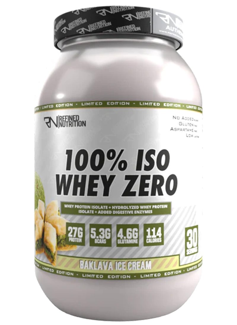 Refined Nutrition Refined Nutrition 100% Whey Isolate Zero, Muscle Support and Recovery, Digestive Health Support and Weight Management, Baklava Ice Cream Flavor, 908 Gm 
