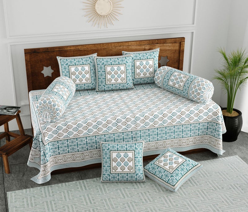 BLOCKS OF INDIA 200Tc Diwan Set Cotton 8 Piece | Deewan Printed Bedsheet Sets For Living Room Hall (Set Of 8 Piece, 1-Bed Sheet | 2-Bolster Cover | 5-Cushion Cover (Color 20, Multicolor) - Image 1