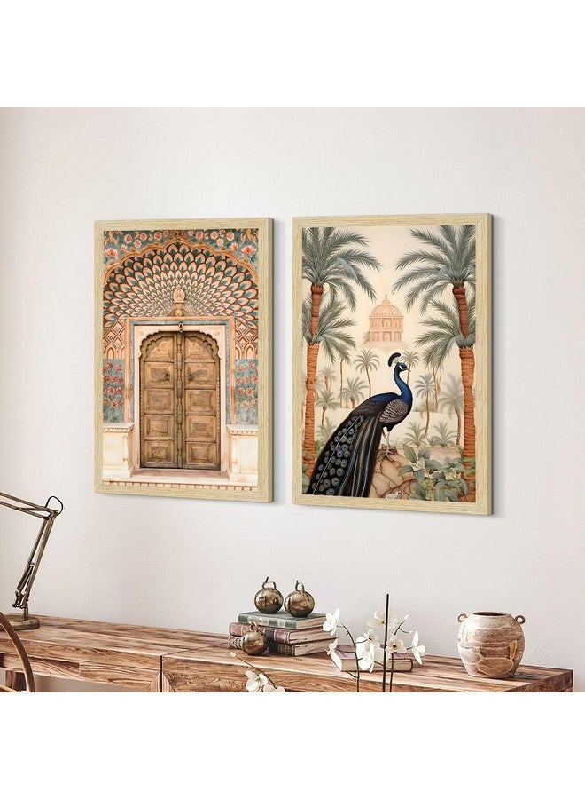 ArtX لوحة طاووس ورقية من ArtX لجدار فاستو، لوحات فن مدهوباني، لوحة جدارية زهرية لغرفة المعيشة، متعددة الألوان، إطارات بلون الخشب الطبيعي، مجموعة من 2 - Image 5