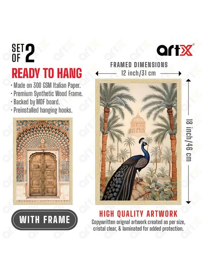 ArtX لوحة طاووس ورقية من ArtX لجدار فاستو، لوحات فن مدهوباني، لوحة جدارية زهرية لغرفة المعيشة، متعددة الألوان، إطارات بلون الخشب الطبيعي، مجموعة من 2 - Image 3