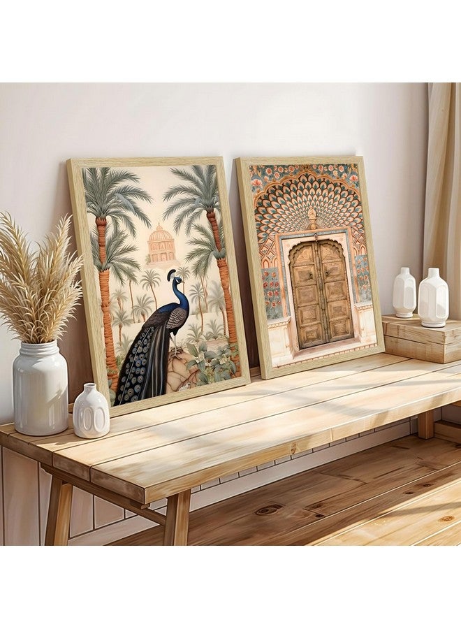 ArtX لوحة طاووس ورقية من ArtX لجدار فاستو، لوحات فن مدهوباني، لوحة جدارية زهرية لغرفة المعيشة، متعددة الألوان، إطارات بلون الخشب الطبيعي، مجموعة من 2 - Image 1