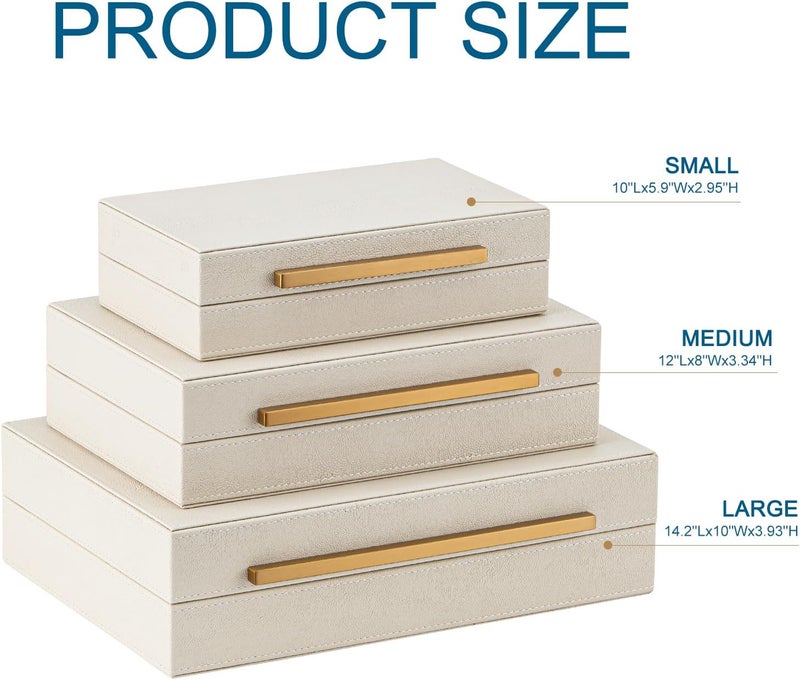 XIGEXIGE Faux Leather Large Modern Stackable Nesting Jewelry Box with Lids Organizer – Set of 3 Beige Shagreen Decorative Storage Boxes with Gold Metal Handles - Image 4