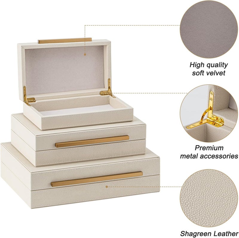 XIGEXIGE Faux Leather Large Modern Stackable Nesting Jewelry Box with Lids Organizer – Set of 3 Beige Shagreen Decorative Storage Boxes with Gold Metal Handles - Image 5