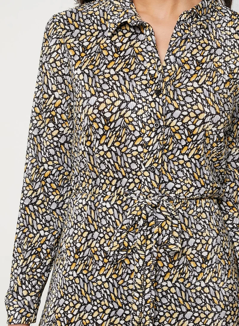 ELLA Abstract Print Self Tie Shirt Midi Dress