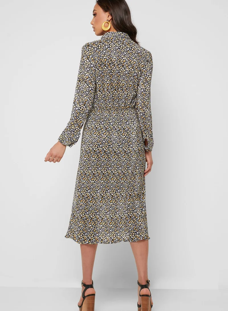 ELLA Abstract Print Self Tie Shirt Midi Dress