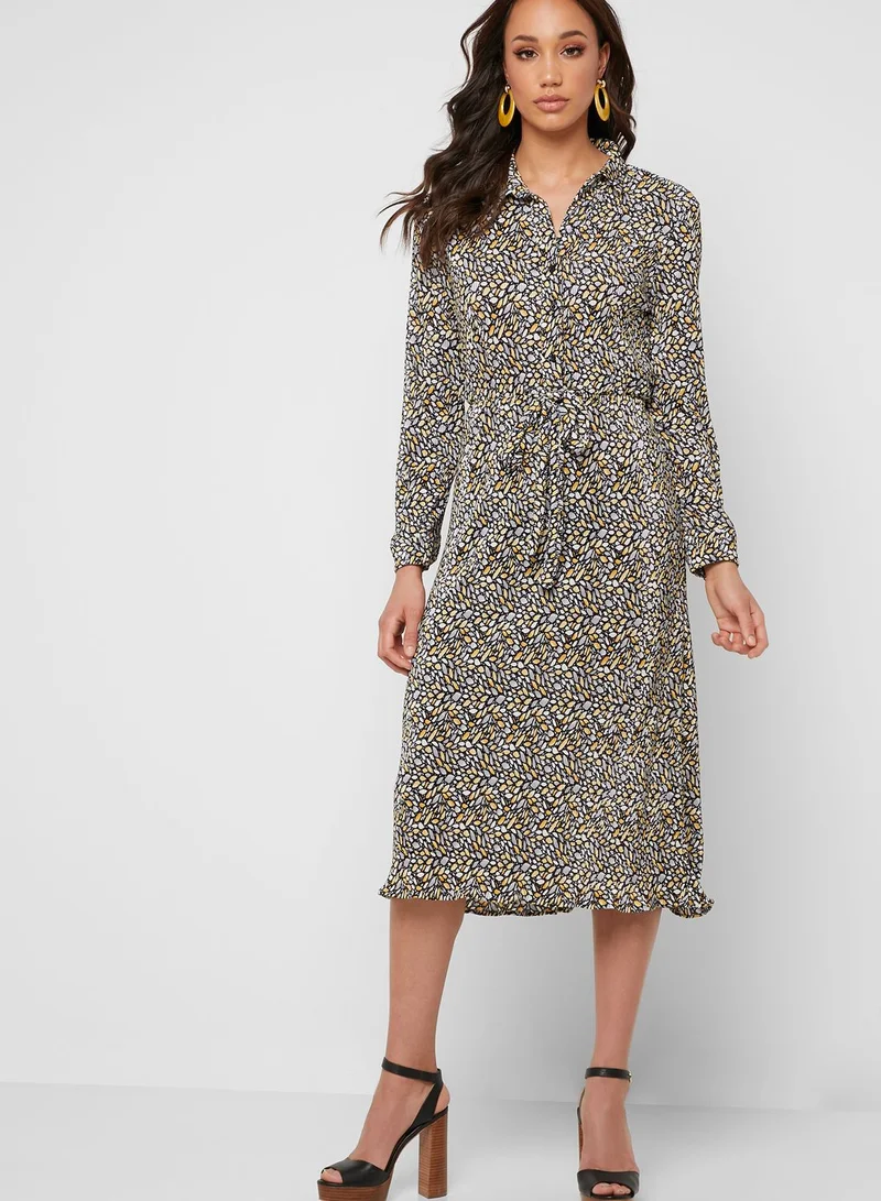 ELLA Abstract Print Self Tie Shirt Midi Dress