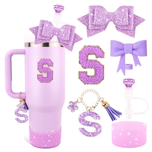 Lingdeer Purple Cup Accessories Set for Stanley 30OZ & 40OZ Tumbler with Handle, Letter Charms, Bow & Diamond Straw Covers, Glitter Silicone Boot, Personalized Sticker for Stanley Cup Accessories (S) - Image 1