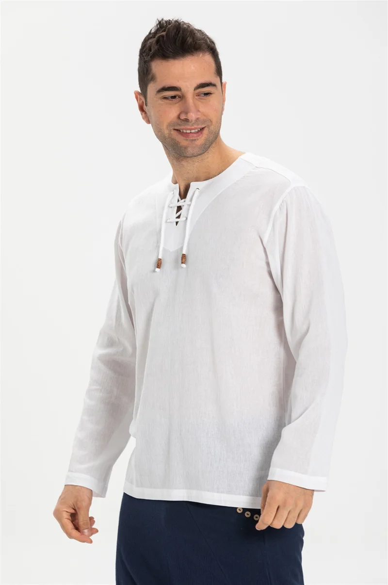 اليش شيل بيزي Uzun Kol Şile Bezi Zımbalı Erkek Tshirt Beyaz 3001