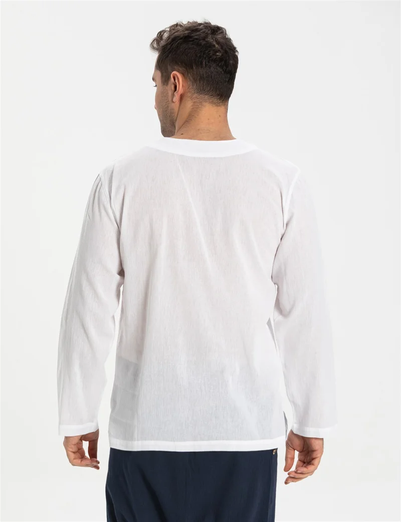 اليش شيل بيزي Uzun Kol Şile Bezi Zımbalı Erkek Tshirt Beyaz 3001