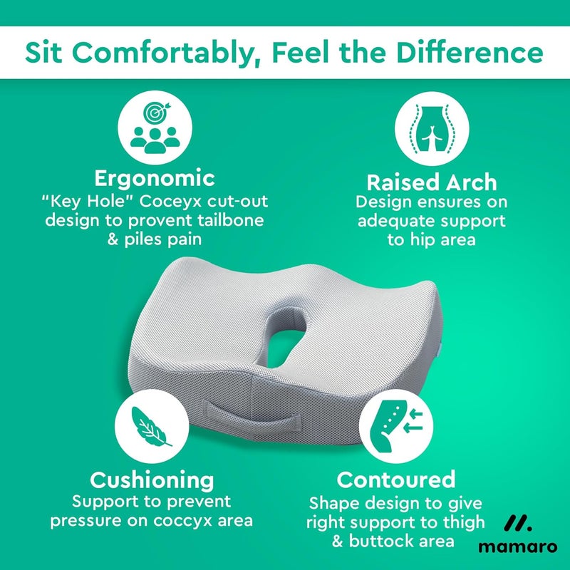 MAMARO Key Hole Orthopaedic Coccyx Cushion for Tailbone Sciatica Pain Relief Grey Memory Foam Seat Cushion for Office Chair Car Home Ergonomic Sitting Support for Comfort Posture Correction - Image 4