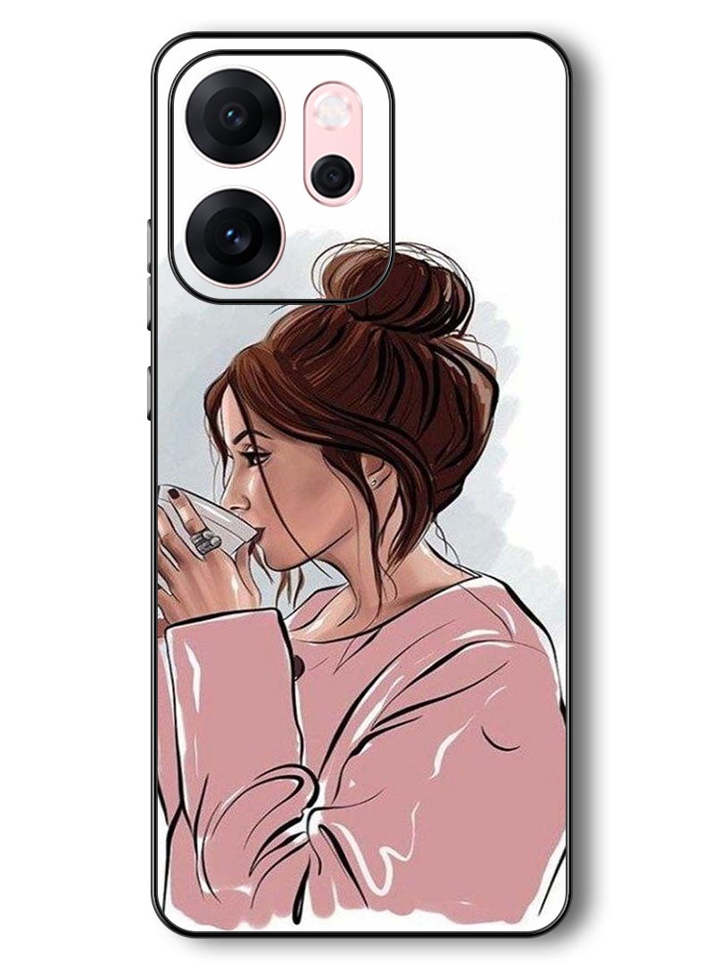 Theodor Case Compatible with Oppo Reno 14 F 6.57 Inch Protection Shockproof Bumper Cover Girl Drinking Coffee 1 - Image 1