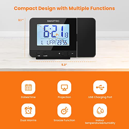 SMARTRO Digital Projection Alarm Clock for Bedrooms with Indoor Thermometer Hygrometer, USB Charger, Bedside Projector, Travel, AC and Battery Operated - Image 2