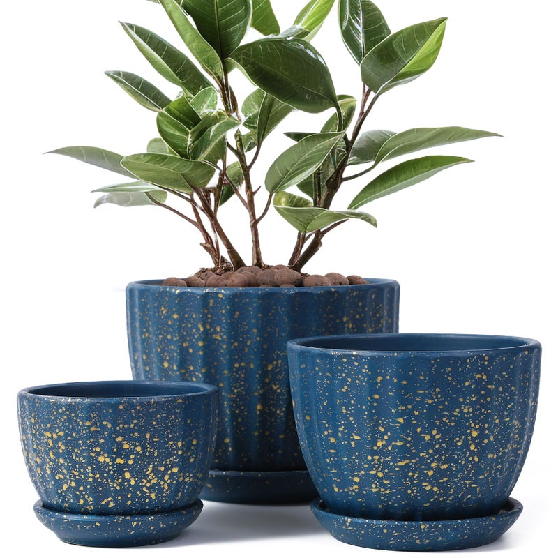 STHIE Ceramic Plant Pots with Drainage Holes and Saucers, Round Blue Flower Pots for Indoor Plant, Diameter 3.3/4.3/5.5 Inches Small Mini Flower Planters Set of 3 - Image 1