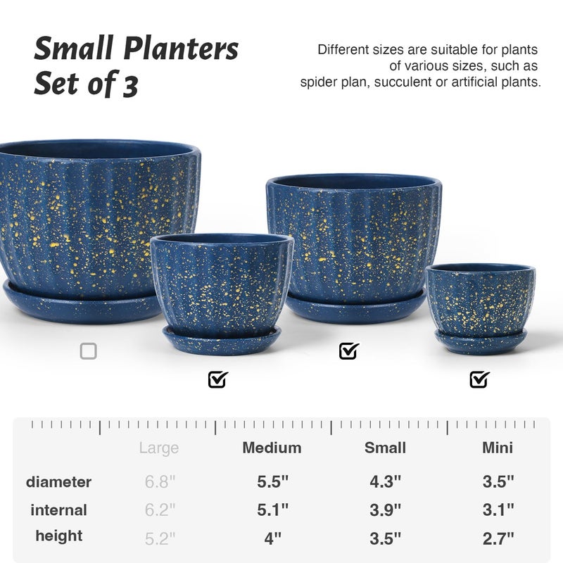 STHIE Ceramic Plant Pots with Drainage Holes and Saucers, Round Blue Flower Pots for Indoor Plant, Diameter 3.3/4.3/5.5 Inches Small Mini Flower Planters Set of 3 - Image 3