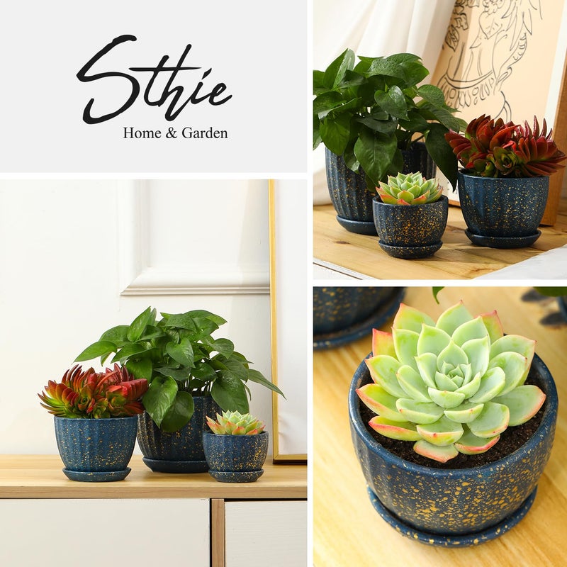 STHIE Ceramic Plant Pots with Drainage Holes and Saucers, Round Blue Flower Pots for Indoor Plant, Diameter 3.3/4.3/5.5 Inches Small Mini Flower Planters Set of 3 - Image 5