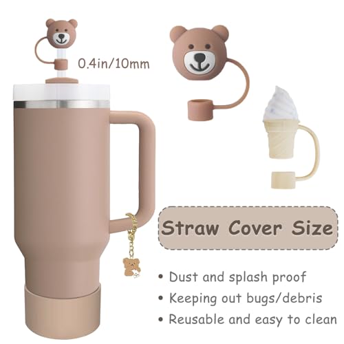 vikgle Stanley Cup Accessories Set,Including 2 Pcs 0.4in Straw Cover, 1 Silicone Spill-Proof Stopper Set of 3, 1 Cute Bear Handle Charm, 1 Silicone Boot Fits Stanley 40&30 Oz Tumbler (Almond Rose) - Image 2