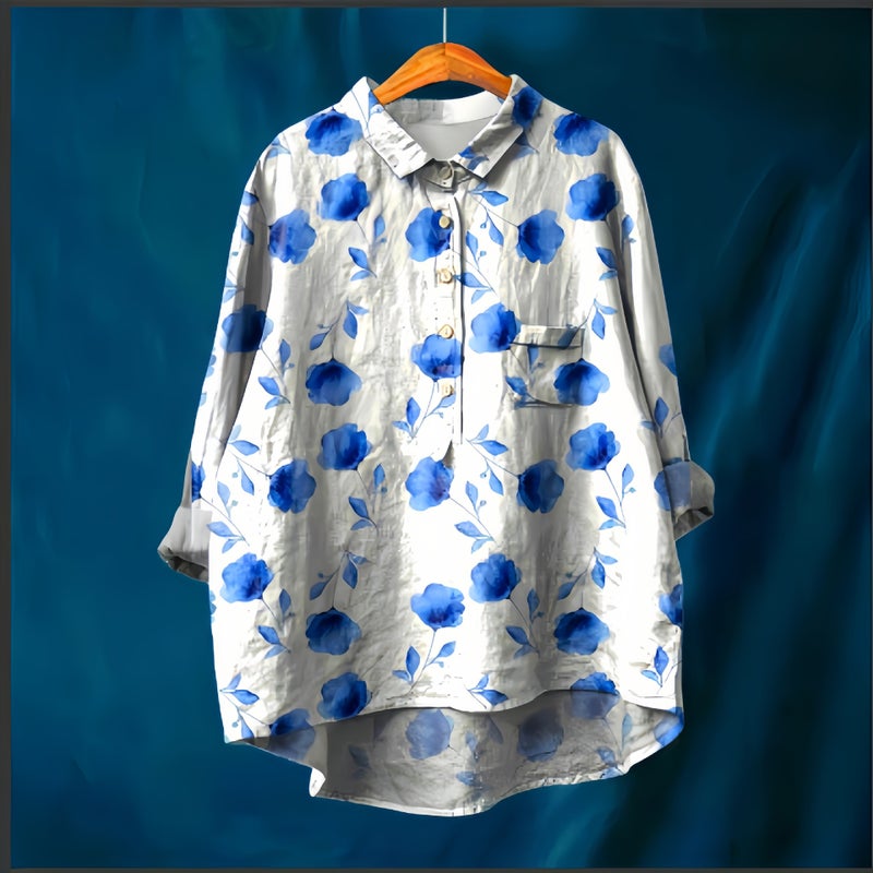 Retro Pastoral Style Cotton And Linen Printed Lapel Long-Sleeved Shirt Women'S Large Size Fashion Pullover T-Shirt - Image 1