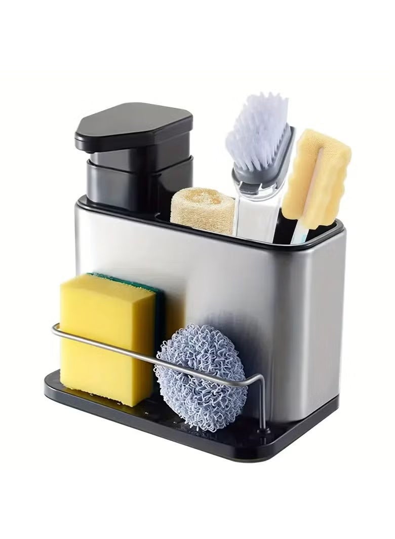 3-in-1 Kitchen Organizer Rack with Soap Dispenser and Sponge Holder - Stainless Steel, Multifunctional Storage for Dishwashing Supplies, Perfect for Bathroom and Kitchen - Image 1