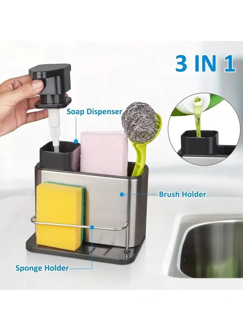 3-in-1 Kitchen Organizer Rack with Soap Dispenser and Sponge Holder - Stainless Steel, Multifunctional Storage for Dishwashing Supplies, Perfect for Bathroom and Kitchen - Image 3