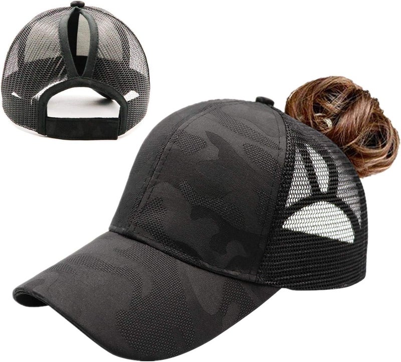 ProMindFun Womens Pony Hat High Ponytail Baseball Cap Girls Messy Bun Caps Camouflage Trucker Bad Hair Day Adjustable Dad Hat - Image 1