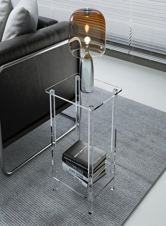 Eglaf Acrylic Small Side Table with Square Leg - 13.4'' L x 11.5'' W x 19.6'' H - Small Nightstand Bedside Table 2-Tier Clear End Table for Living Room, Bedroom - Image 2