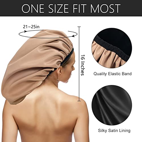 Auban Extra Large Shower Cap for Braids, Double-Layer Waterproof Reusable Satin Lining XL Shower Cap for Women Long Hair, Locs, perms (khaki) - Image 2