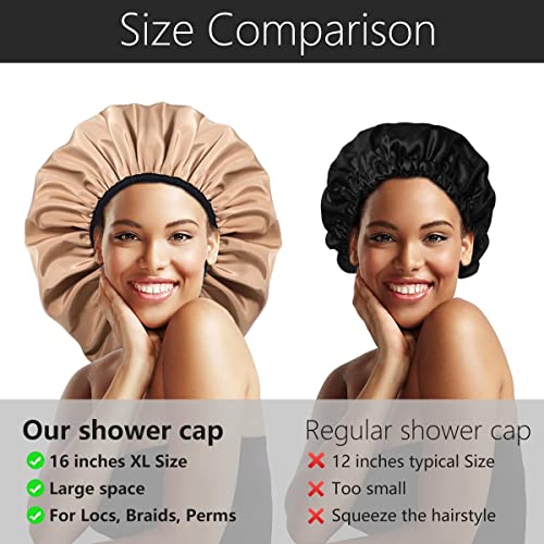 Auban Extra Large Shower Cap for Braids, Double-Layer Waterproof Reusable Satin Lining XL Shower Cap for Women Long Hair, Locs, perms (khaki) - Image 4