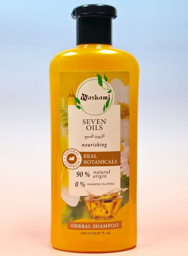 واشامي شامبو عشبي بسبعة زيوت – خالٍ من الكبريتات – 90٪ من مكونات طبيعية – بدون بارابين أو أصباغ أو سيليكون – زيوت نباتية نقية – آمن للشعر المصبوغ ومتوازن الحموضة – 500 مل - Image 1