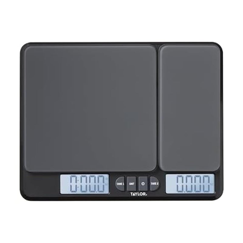 Taylor Dual Platform Food Kitchen Scale Digital Grams and Ounces for Weight Loss Baking Cooking Meal Prep Spices and Coffee Backlit Display Glass Platforms 15lb and 16oz Capacity Black