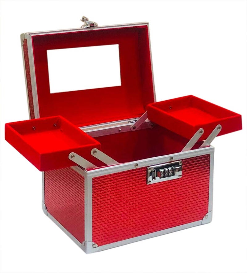 Adson Professional Beauty Makeup Cosmetic Vanity Case/Box With Mirror (Red) - Image 1